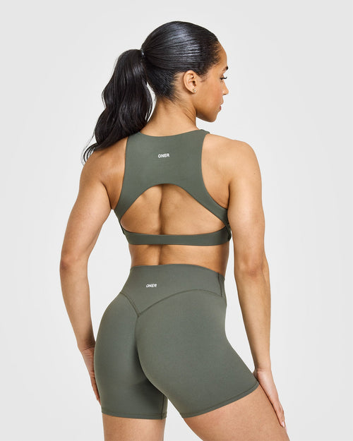 SoftMotion™ High Neck Sports Bra with White Logo | Dark Khaki