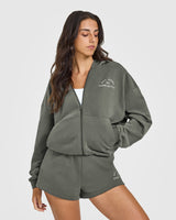 Lightweight Zip Through Hoodie with Graphic | Dark Khaki