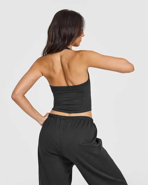 Mellow™ Rib Halter Neck Mid Vest with Built in Bra Shelf | Soft Black