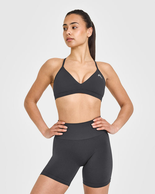 Oner Modal EasyLift™ Ultra Minimal V Neck Bralette with White Logo | Coal