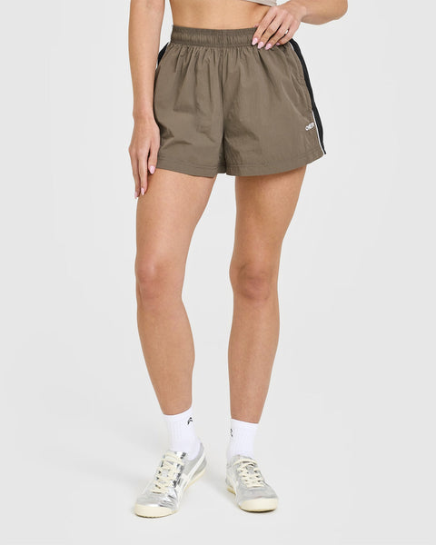 Oversized Piped Woven Track Shorts | Moss Brown