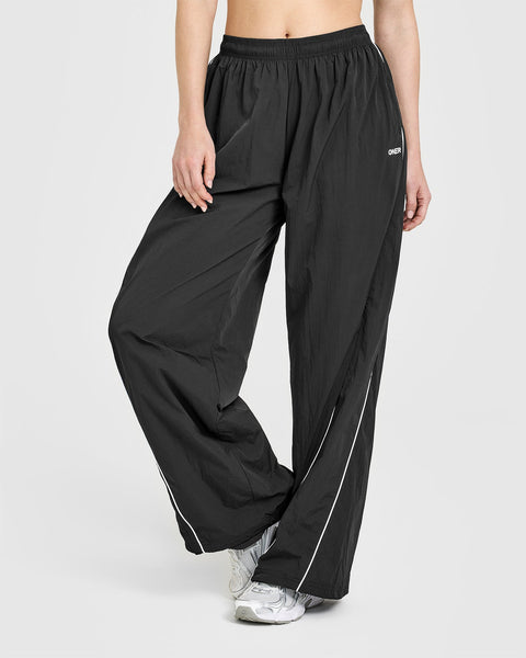 Oversized Piped Woven Straight Leg Track Bottoms | Soft Black