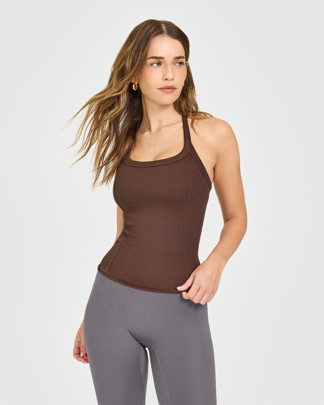 Mellow™ Rib Halter Neck Vest with Built in Bra Shelf | Copper Brown