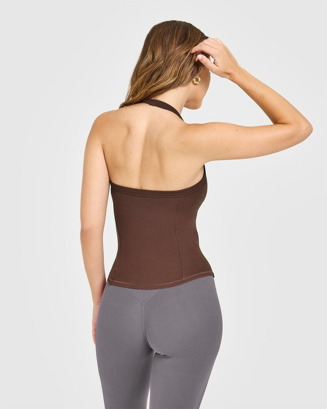 Mellow™ Rib Halter Neck Vest with Built in Bra Shelf | Copper Brown