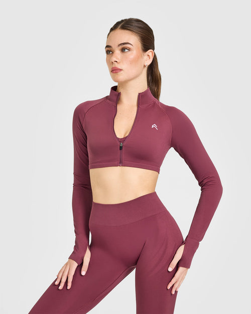 Oner Modal EnhanceLift™ Seamless Crop Jacket with White Logo | Burnt Maroon