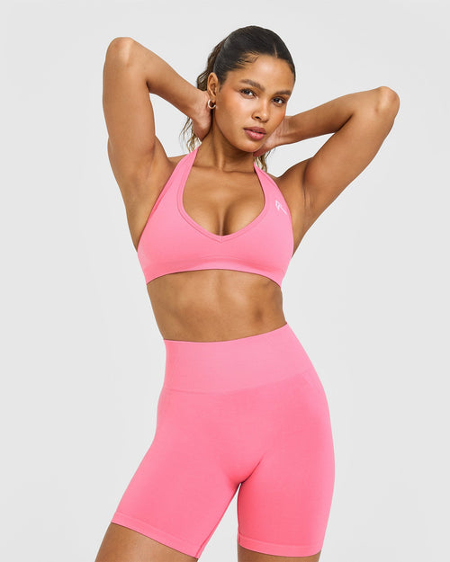 Oner Modal Effortless Seamless Halter Neck Sports Bra with White Logo | Peony Pink