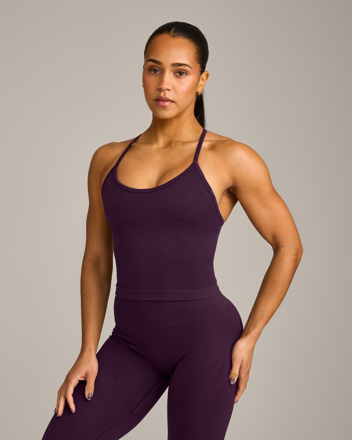 EnhanceLift™ Seamless Strappy Racer Vest with Built in Bra Shelf with Grey Logo | Blackberry Purple