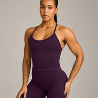 EnhanceLift™ Seamless Strappy Racer Vest with Built in Bra Shelf with Grey Logo | Blackberry Purple