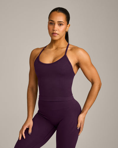 EnhanceLift™ Seamless Strappy Racer Vest with Built in Bra Shelf with Grey Logo | Blackberry Purple