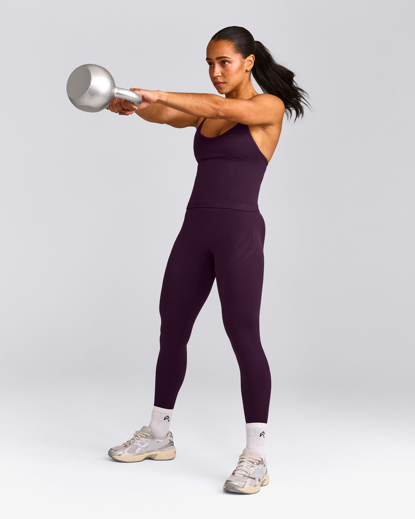 EnhanceLift™ Seamless Strappy Racer Vest with Built in Bra Shelf with Grey Logo | Blackberry Purple