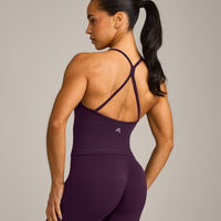 EnhanceLift™ Seamless Strappy Racer Vest with Built in Bra Shelf with Grey Logo | Blackberry Purple