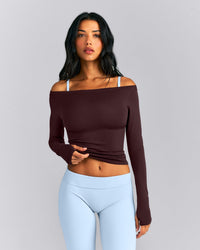 FormeSoft™ Fitted Off-The-Shoulder Long Sleeve Top | Plum Brown