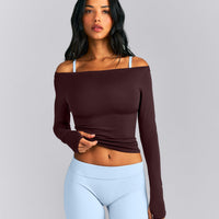 FormeSoft™ Fitted Off-The-Shoulder Long Sleeve Top | Plum Brown