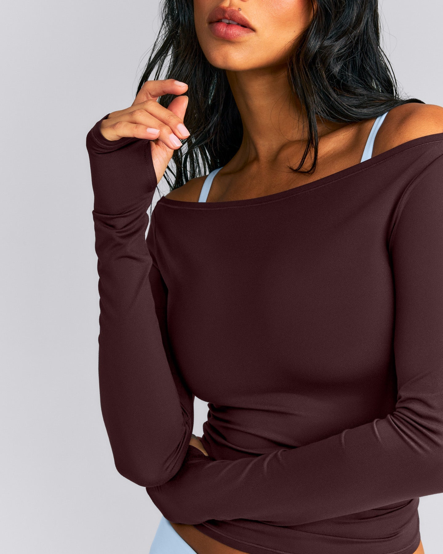 FormeSoft™ Fitted Off-The-Shoulder Long Sleeve Top | Plum Brown