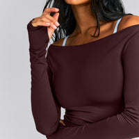 FormeSoft™ Fitted Off-The-Shoulder Long Sleeve Top | Plum Brown