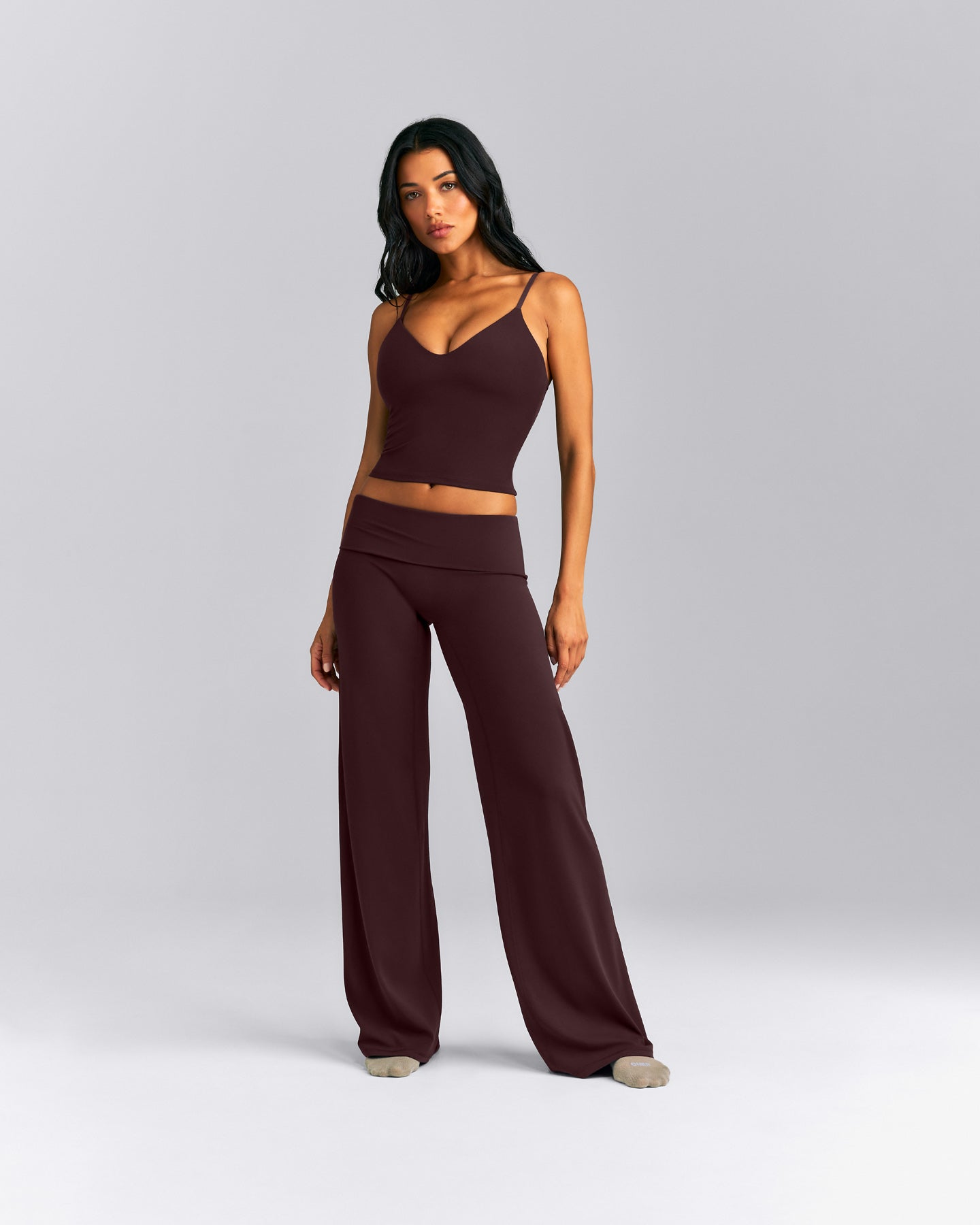 SoftMotion™ Fold Over Mid Rise Straight Leg Bottoms | Plum Brown