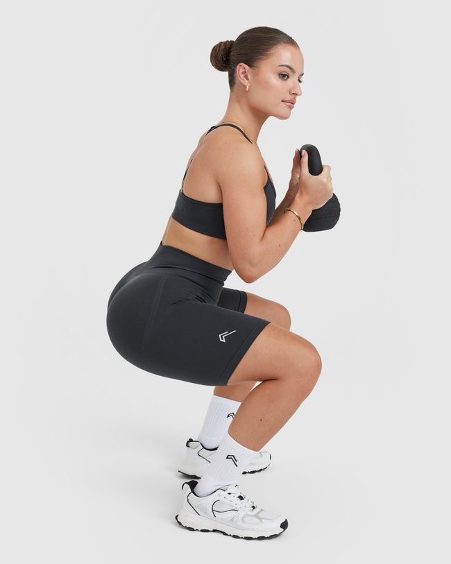EffortlessLift™ Seamless Cycling Shorts with White Logo | Coal