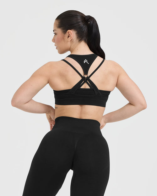 Effortless Seamless Layered Sports Bra with White Logo | Black