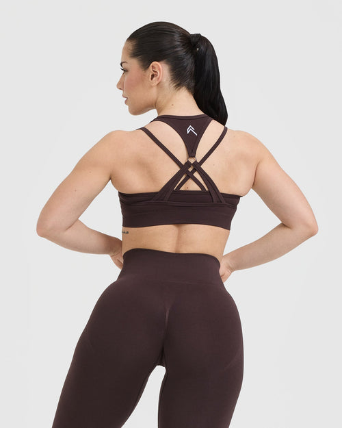 Effortless Seamless Layered Sports Bra with White Logo | Plum Brown