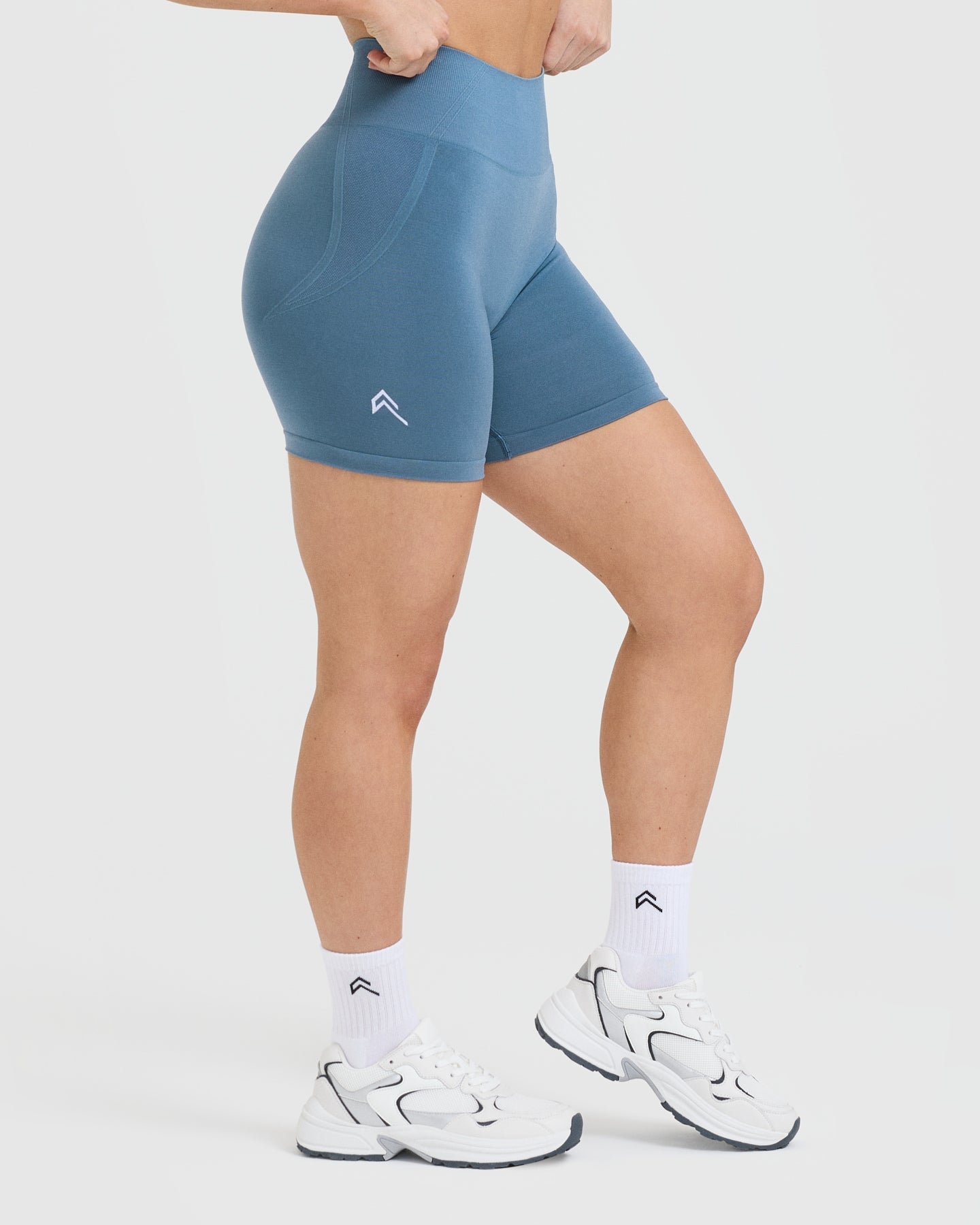 EffortlessLift™ Seamless Shorts with White Logo | Moonstone Blue