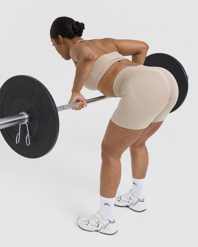 EffortlessLift™ Seamless Shorts with White Logo | Mushroom Brown