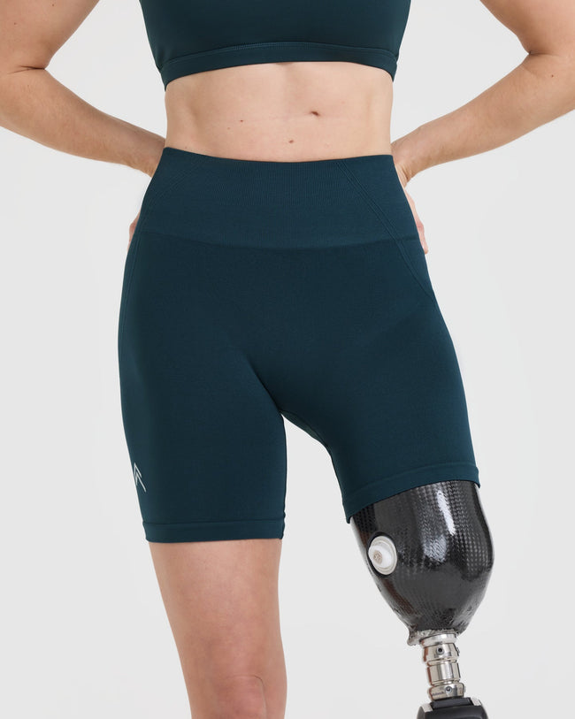 EffortlessLift™ Seamless Shorts with White Logo | Oil Blue