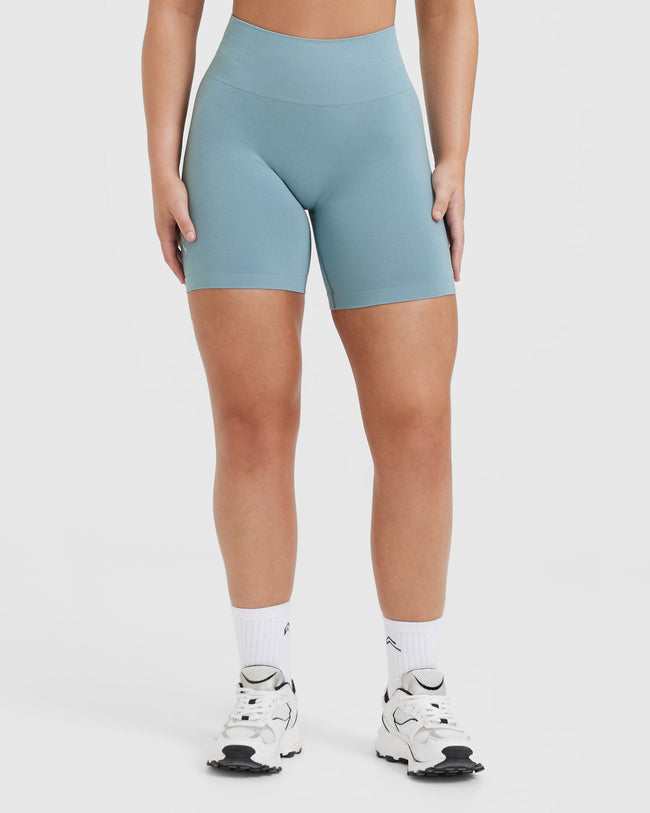 EffortlessLift™ Seamless Shorts with White Logo | Steel Blue