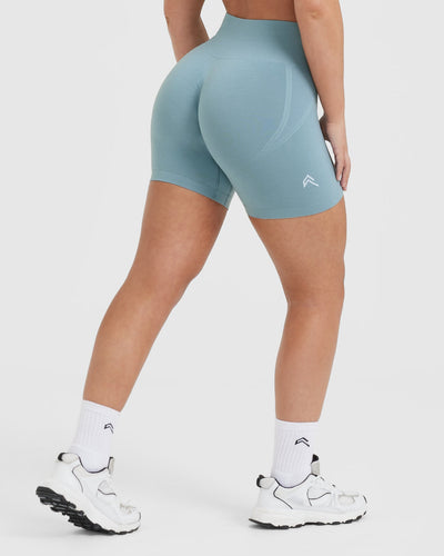EffortlessLift™ Seamless Shorts with White Logo | Steel Blue
