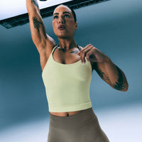 EnhanceLift™ Seamless Strappy Racer Vest with Built in Bra Shelf with Grey Logo | Pastel Yellow