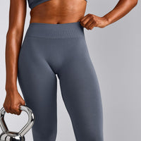EffortlessLift™ Seamless Mid Rise Leggings with Grey Logo | Light Granite Blue