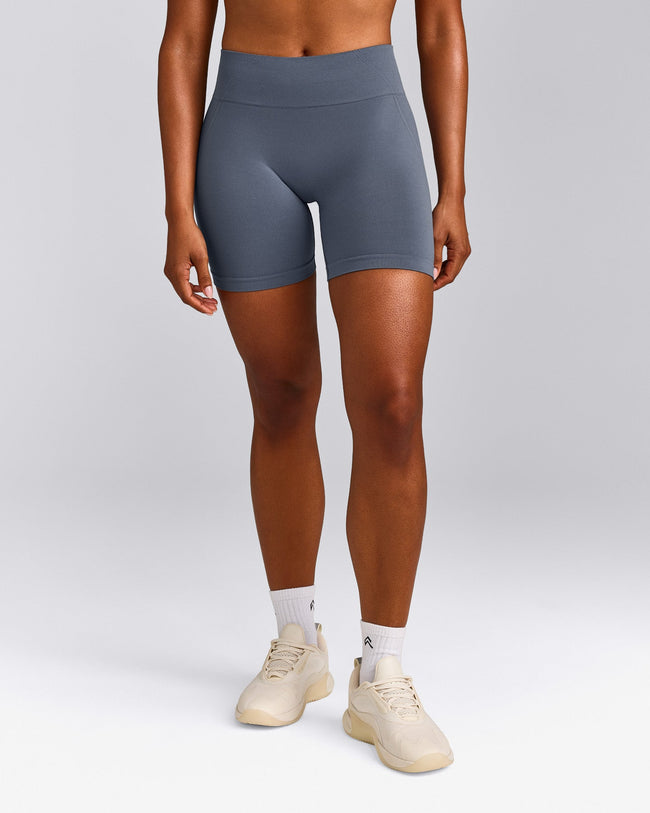 EffortlessLift™ Seamless Mid Rise Shorts with Grey Logo | Light Granite Blue