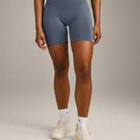 EffortlessLift™ Seamless Mid Rise Shorts with Grey Logo | Light Granite Blue
