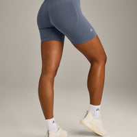 EffortlessLift™ Seamless Mid Rise Shorts with Grey Logo | Light Granite Blue