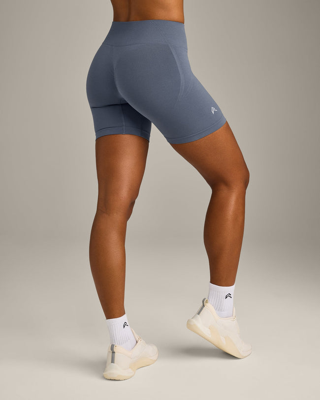 EffortlessLift™ Seamless Mid Rise Shorts with Grey Logo | Light Granite Blue