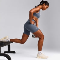 EffortlessLift™ Seamless Mid Rise Shorts with Grey Logo | Light Granite Blue