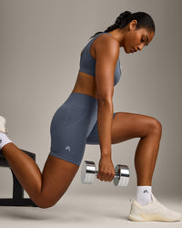 EffortlessLift™ Seamless Mid Rise Shorts with Grey Logo | Light Granite Blue