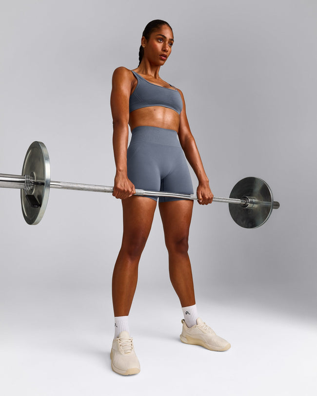 EffortlessLift™ Seamless Shorts with Grey Logo | Light Granite Blue