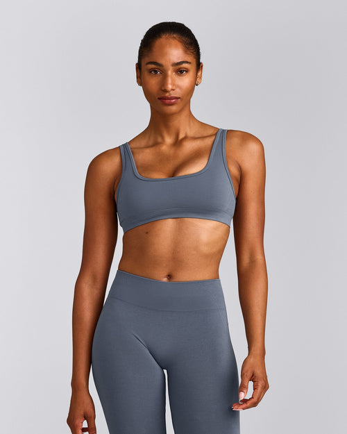 EffortlessLift™ Square Neck Sports Bra with Grey Logo | Light Granite Blue