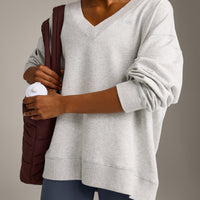Cotton Vintage Lounge V Neck Sweatshirt | Light Grey Marl