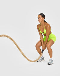 EffortlessLift™ Seamless Shorts with White Logo | Charged Lime Green