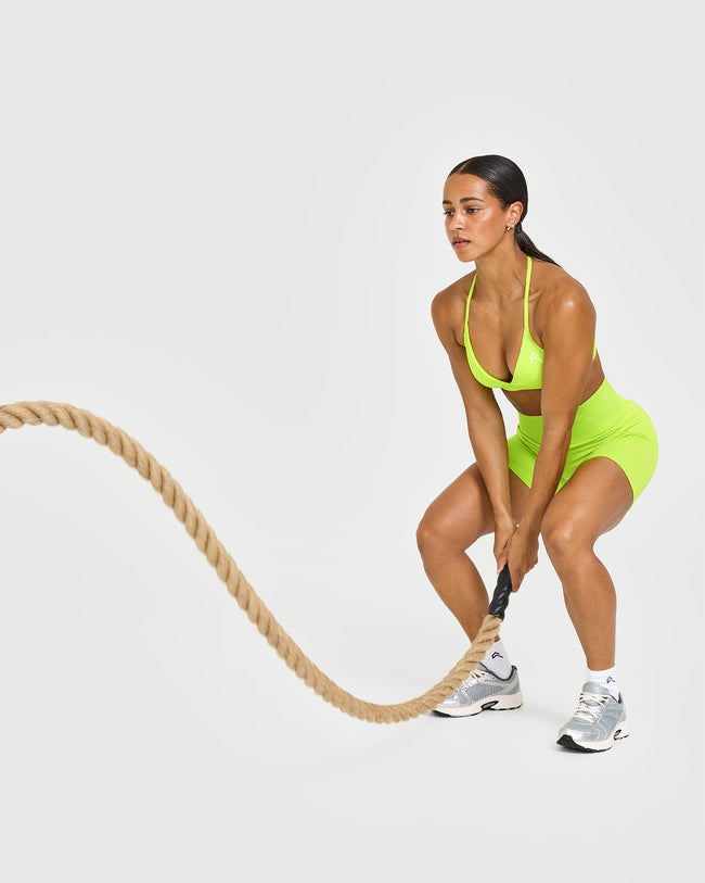 EffortlessLift™ Seamless Shorts with White Logo | Charged Lime Green