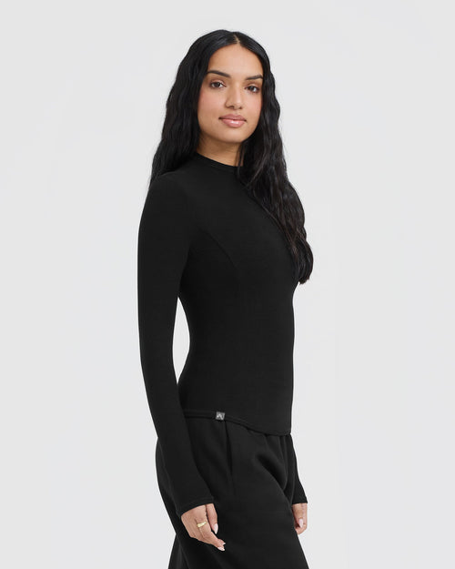 Mellow™ Rib Mock Neck Long Sleeve Top | Black
