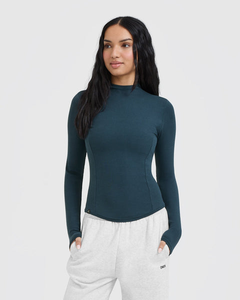 Mellow Rib Mock Neck Long Sleeve Top Oil Blue