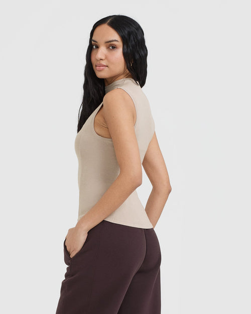 Mellow™ Rib Mock Neck Tank | Mushroom Brown