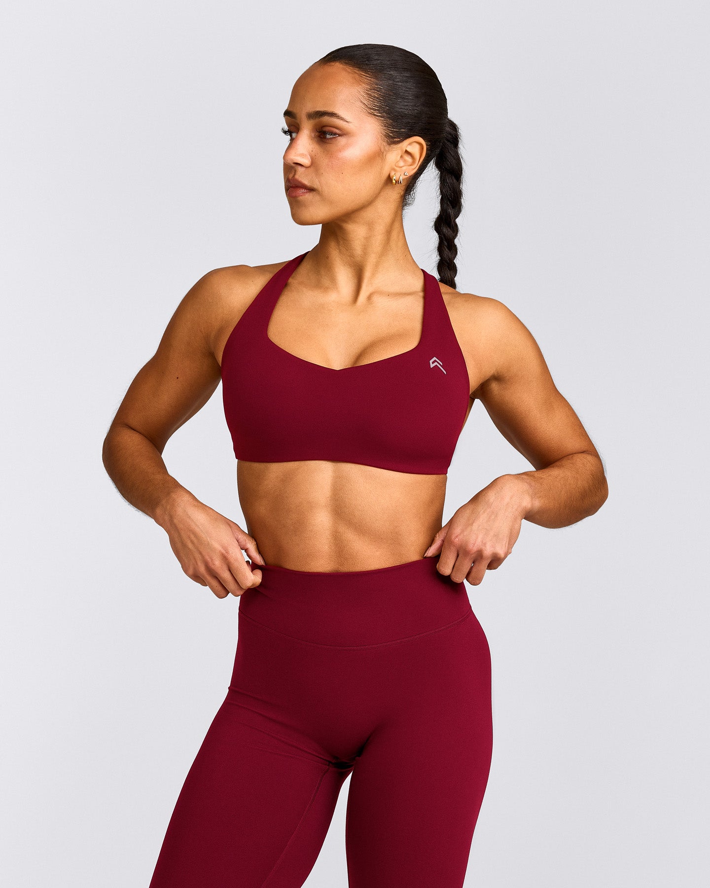 EasyLift™ Cross Back Sports Bra with Grey Logo | Ruby Red