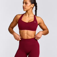 EasyLift™ Cross Back Sports Bra with Grey Logo | Ruby Red