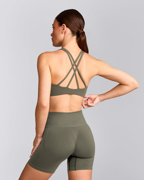 EasyLift™ High Neck Sports Bra with Grey Logo | Alpine Green