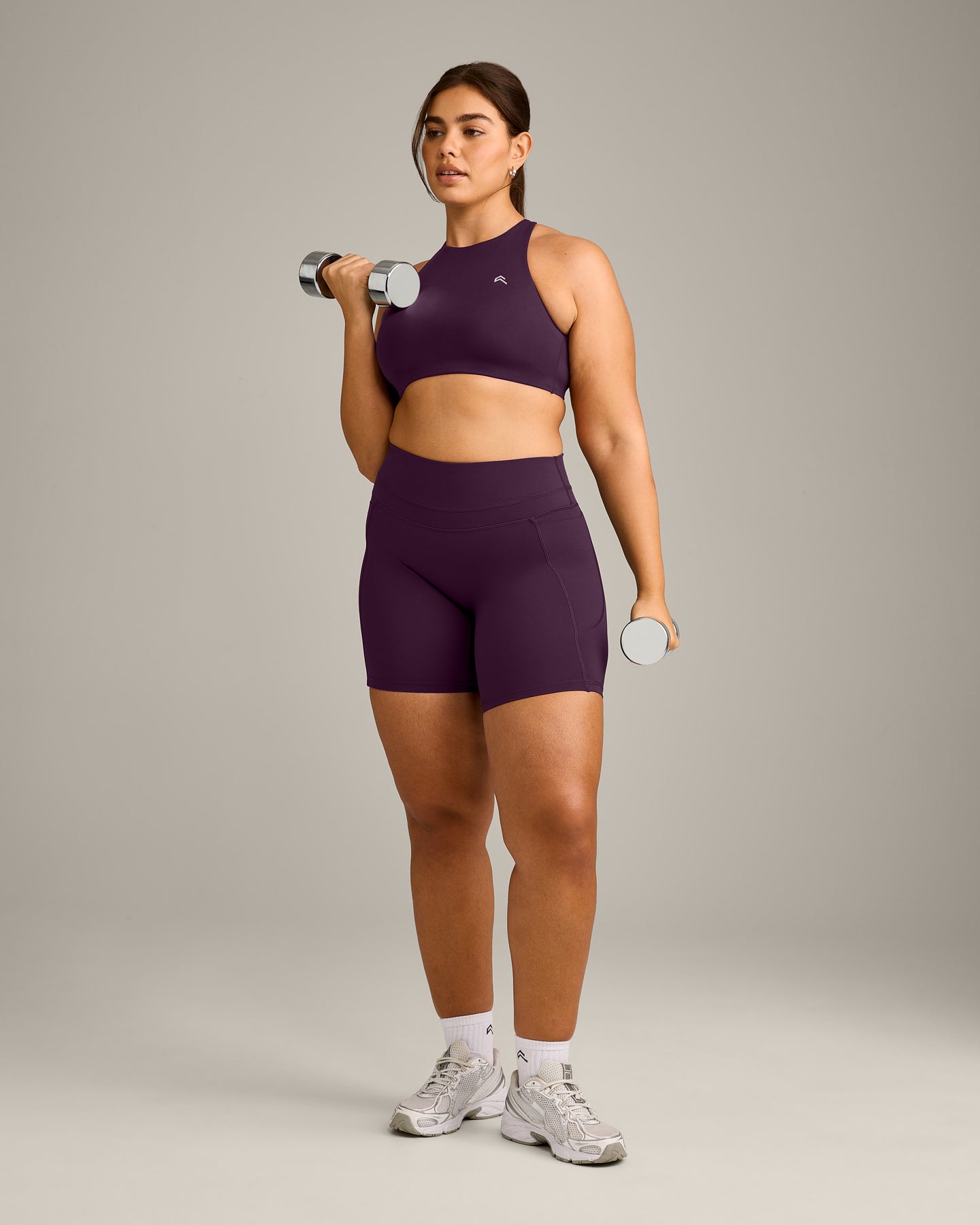 EasyLift™ High Neck Sports Bra with Grey Logo | Blackberry Purple