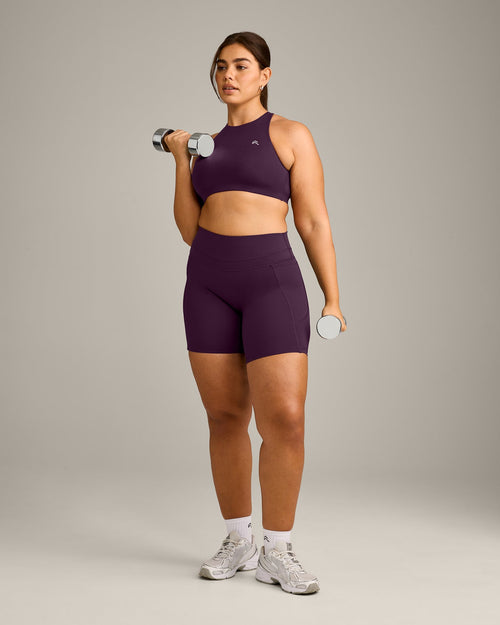 EasyLift™ High Neck Sports Bra with Grey Logo | Blackberry Purple