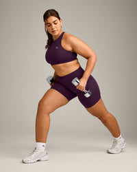 EasyLift™ High Neck Sports Bra with Grey Logo | Blackberry Purple